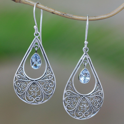 Blue topaz dangle earrings, 'Brimming with Elegance' - Blue Topaz Sterling Silver Scrolls Teardrop Dangle Earrings