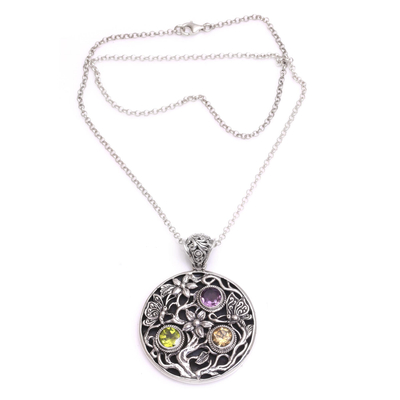 Multi-gemstone pendant necklace, 'Butterfly Vines' - Gemstone Sterling Silver Butterfly Garden Pendant Necklace