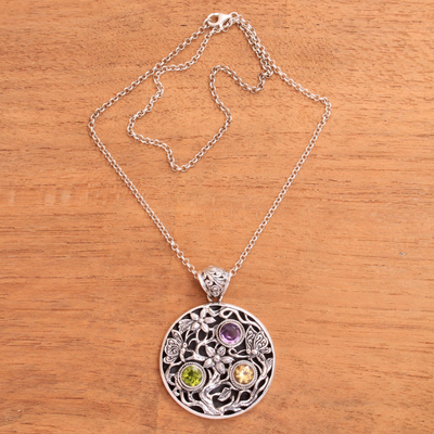 Multi-gemstone pendant necklace, 'Butterfly Vines' - Gemstone Sterling Silver Butterfly Garden Pendant Necklace