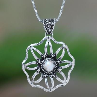 Cultured pearl pendant necklace, 'Moon Ray Garden' - Cultured Pearl and Sterling Silver Flower Pendant Necklace