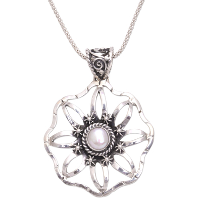 Cultured pearl pendant necklace, 'Moon Ray Garden' - Cultured Pearl and Sterling Silver Flower Pendant Necklace