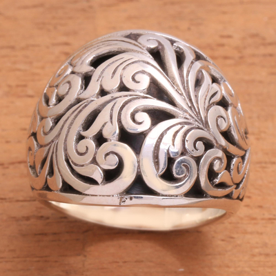 Sterling silver domed ring, 'Sunda Forest' - Handcrafted Sterling Silver Swirling Vine Forest Domed Ring