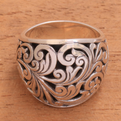 Sterling silver domed ring, 'Sunda Forest' - Handcrafted Sterling Silver Swirling Vine Forest Domed Ring