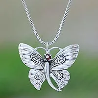 Garnet pendant necklace, 'Monarch Princess' - Garnet Butterfly Pendant Necklace from Java