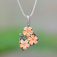 Sterling silver and bone pendant necklace, 'Plumeria Trio' - Floral Sterling Silver and Bone Pendant Necklace from Java
