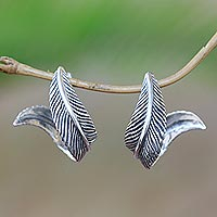 Pendientes de medio aro de plata de ley, 'Leafy Curl' - Pendientes de medio aro de plata de ley con temática de hojas de Java