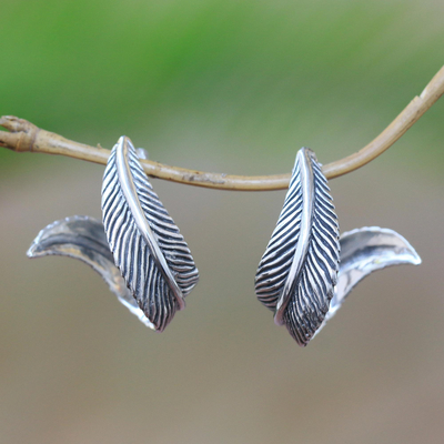 Sterling silver half-hoop earrings, 'Leafy Curl' - Leaf-Themed Sterling Silver Half-Hoop Earrings from Java