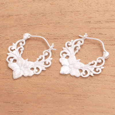 Sterling silver hoop earrings, 'Glistening Garland' - Floral Sterling Silver Hoop Earrings from Bali