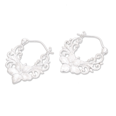 Sterling silver hoop earrings, 'Glistening Garland' - Floral Sterling Silver Hoop Earrings from Bali