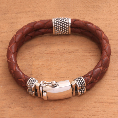 Mens leather braided wristband bracelet, Temple Waterfall