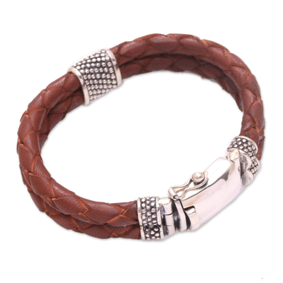 Men's leather braided wristband bracelet, 'Temple Waterfall' - Men's Brown Leather Braided Double Wristband Bracelet