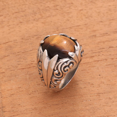 Tiger's eye cocktail ring, 'Hope Cloud' - Handcrafted Sterling Silver Brown Tiger's Eye Cocktail Ring