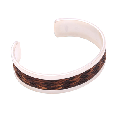 Natural fiber accented sterling silver cuff bracelet, 'Brown Dragon' - Pandan Accent Sterling Silver Cuff Bracelet from Bali