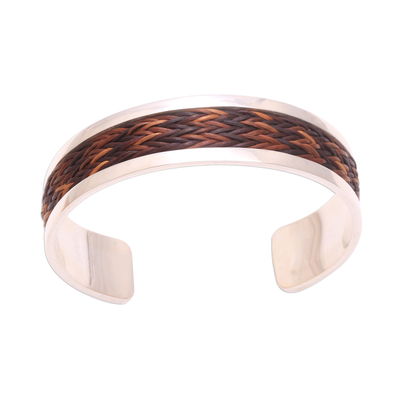 Natural fiber accented sterling silver cuff bracelet, 'Brown Dragon' - Pandan Accent Sterling Silver Cuff Bracelet from Bali