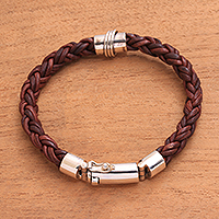 Leather and sterling silver braided bracelet, 'Bonding Weave' - Leather and Sterling Silver Braided Bracelet from Bali