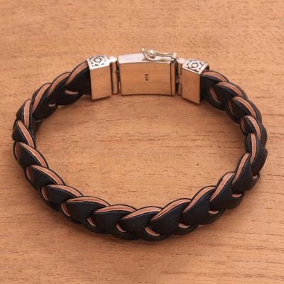 Men's leather braided wristband bracelet, 'Earth Braid' - Men's Leather and Sterling Silver Braided Bracelet
