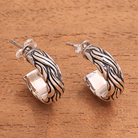Sterling silver half-hoop earrings, 'Wavy Curves' - Sterling Silver Half-Hoop Earrings from Bali