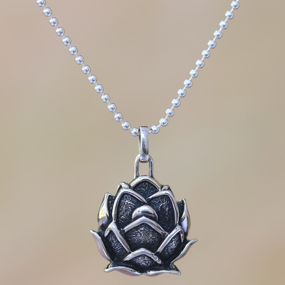Sterling silver pendant necklace, 'Cute Lotus' - Lotus Flower Sterling Silver Pendant Necklace from Bali