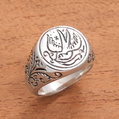 Sterling silver signet ring, 'Peace Bearer' - Peace Dove with Olive Branch Sterling Silver Signet Ring