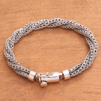 Sterling silver chain bracelet, 'Three Dragons' - Sterling Silver Triple Chain Bracelet from Bali