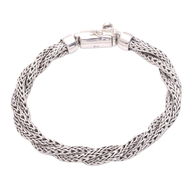 Sterling silver chain bracelet, 'Three Dragons' - Sterling Silver Triple Chain Bracelet from Bali