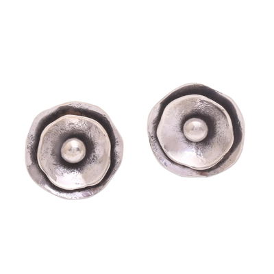 Sterling silver button earrings, 'Poppy Flowers' - Modern Sterling Silver Button Earrings from Java