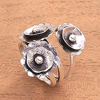 Sterling silver cocktail ring, 'Poppy Flowers' - Modern Floral Sterling Silver Cocktail Ring from Java