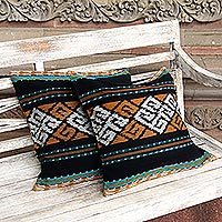 Cotton cushion covers, 'Respati Wengi' (pair) - Ikat Geometric Cotton Cushion Covers from Java (Pair)