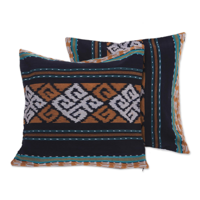 Cotton cushion covers, 'Respati Wengi' (pair) - Ikat Geometric Cotton Cushion Covers from Java (Pair)