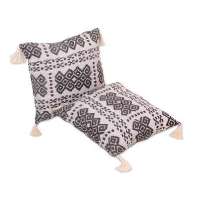 Cotton cushion covers, 'Respati Pandu' (pair) - Ikat Cotton Cushion Covers in Smoke and Eggshell (Pair)