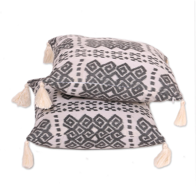 Cotton cushion covers, 'Respati Pandu' (pair) - Ikat Cotton Cushion Covers in Smoke and Eggshell (Pair)