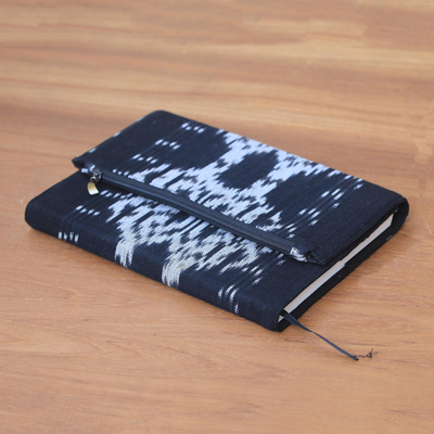 Cotton and paper journal, 'Respati Wengi' - Black and White Cotton Journal with 200 Pages and Pocket