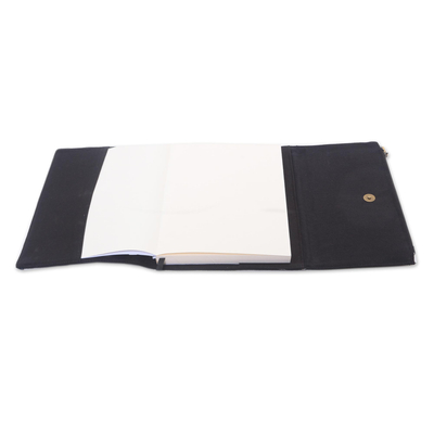 Cotton and paper journal, 'Respati Wengi' - Black and White Cotton Journal with 200 Pages and Pocket