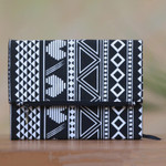 Cotton journal, 'Treasured News' - Black and White Geometric and Heart Motif Cotton Journal