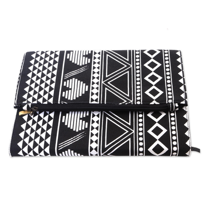 Cotton journal, 'Treasured News' - Black and White Geometric and Heart Motif Cotton Journal