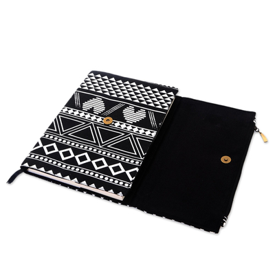 Cotton journal, 'Treasured News' - Black and White Geometric and Heart Motif Cotton Journal