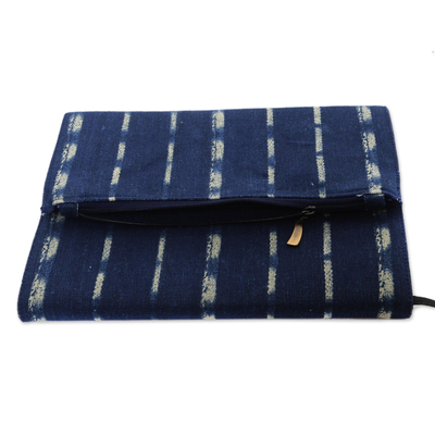 Cotton journal, 'Between the Lines' - Blue and Yellow Striped Cotton Journal with Flap Pocket