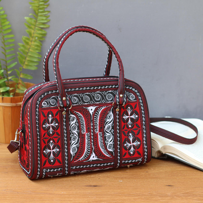 Cotton handbag, 'Banda Ruby' - Hand-Embroidered Cotton Handbag in Ruby and White from Bali