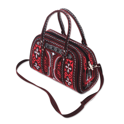 Handtasche aus Baumwolle, 'Banda Ruby'. - Handbestickte Baumwollhandtasche in Rubin und Weiß aus Bali, handbestickt