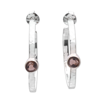 Smoky quartz half-hoop earrings, 'Mosaic Song' - Sterling Silver Smoky Quartz Hammered Half Hoop Earrings