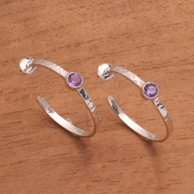 Amethyst half-hoop earrings, 'Mosaic Song' - Bali Hammered Sterling Silver Amethyst Half Hoop Earrings
