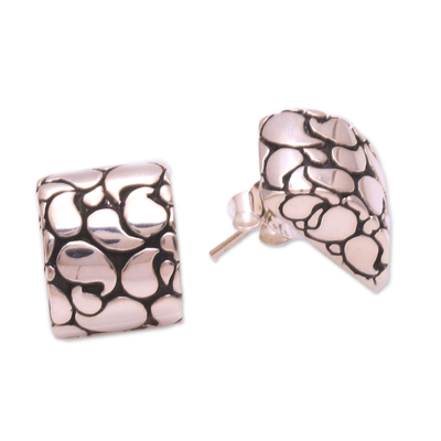Sterling silver button earrings, 'Bali Paisley' - Sterling Silver Half Moon Bali Paisley Button Earrings
