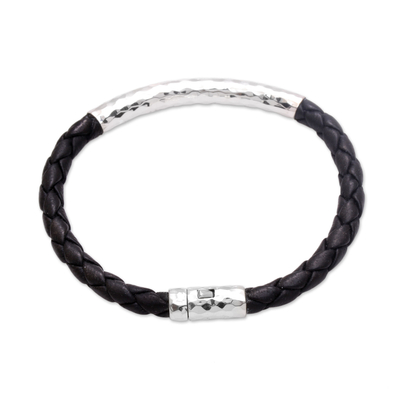 Sterling silver and leather braided pendant bracelet, 'Soul Gleam' - Sterling Silver and Leather Braided Pendant Bracelet