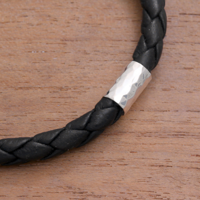 Braided leather and sterling silver bracelet, 'Soulful Trio' - Leather and Sterling Silver Braided Bracelet from Bali