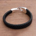 Leather braided wristband bracelet, 'Bold Claw in Black' - Leather Braided Wristband Bracelet in Black from Bali