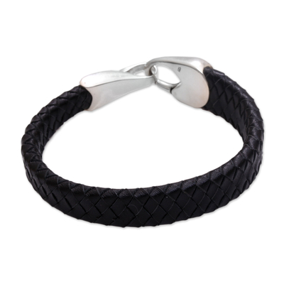 Leather braided wristband bracelet, 'Bold Claw in Black' - Leather Braided Wristband Bracelet in Black from Bali