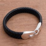 Leather braided wristband bracelet, 'Bold Claw in Black' - Leather Braided Wristband Bracelet in Black from Bali