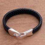 Leather braided wristband bracelet, 'Bold Claw in Black' - Leather Braided Wristband Bracelet in Black from Bali