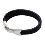 Leather braided wristband bracelet, 'Bold Claw in Black' - Leather Braided Wristband Bracelet in Black from Bali