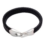 Leather braided wristband bracelet, 'Bold Claw in Black' - Leather Braided Wristband Bracelet in Black from Bali